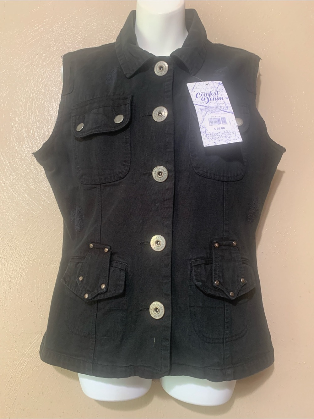Comfort Denim size M Black Button-Up Distressed Utility Vest NWT